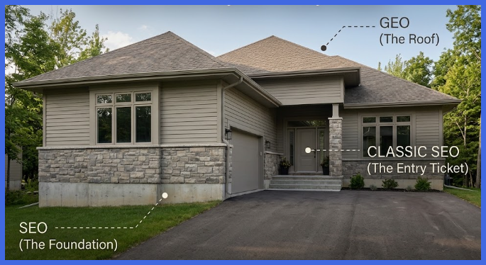 Picture a house: SEO is the foundation, GEO is the roof. Classic SEO is your entry ticket.